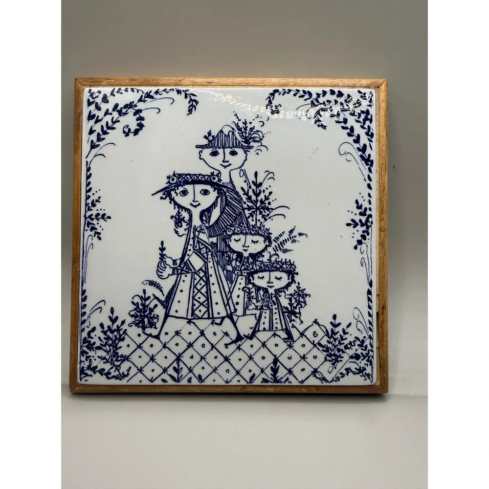 Vintage Bjorn Wiinblad Ceramic Trivet Blue White Danish Modern Wood Frame 6x6